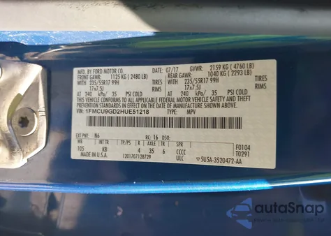 2017 Ford Escape Se from USA, damaged, VIN 1FMCU9GD2HUE51218